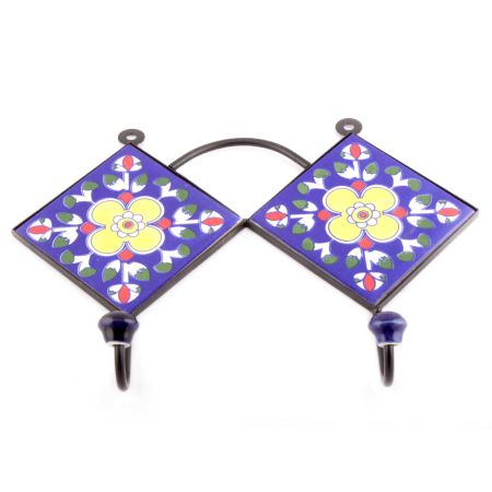Navy Blue And Yellow Ceramic Floral Tiles Hooks